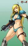 1990s_(style) 1girl 1girl alluring armor armorkini bikini bikini_armor blonde_hair blue_eyes boots breasts bullpup contra contra_4 contra_hard_corps copyright_name deadmoon_(kein2002) earrings game_console gun headgear headset high_res jewelry konami long_hair machine_gun retro_artstyle rifle science_fiction sega_mega_drive sheena_etranzi stockings swimsuit video_game weapon