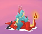  argon_vile blue_body charmeleon croconaw dreiker erection fellatio fire gay looking_down male oral oral_sex orange_body penis pink_background plain_background pokemon pokã©mon red_eyes sex sweat 