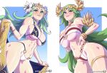  2_girls abs alluring athletic_female beauty_mark big_breasts bikini bikini_bottom bikini_top blush crossover female_abs fire_emblem fire_emblem:_three_houses fit_female flower flower_in_hair freckled_skin freckles goddess green_eyes green_hair headwear kajinman kid_icarus kid_icarus_uprising long_hair looking_down manakete mole mole_on_breast nabatean_(fire_emblem) nintendo o-ring o-ring_bikini palutena rhea_(fire_emblem) royal_slut smile string_bikini super_smash_bros. swimsuits tiara toned 