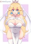  1girl alluring big_breasts blonde_hair blue_eyes breasts bride choker dress earrings elbow_gloves gloves long_hair looking_at_viewer mario_(series) nintendo princess_peach stockings sugarbell super_mario_bros. super_mario_bros._(2023_film) tiara veil wedding_dress white_dress 