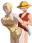 1boy 1girl arm_grab arms_held_back big_breasts blonde_hair bouncing_breasts breasts clothed_female fanbox_reward from_behind hazama_null high_res male male/female mature mature_female mikita_(one_piece) miss_valentine monkey_d._luffy one_piece pixiv_fanbox short_hair