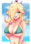  1girl alluring big_breasts bikini blonde_hair blue_eyes blue_sky cleavage mario_(series) nintendo princess_rosalina rosalina sugarbell super_mario_bros. 