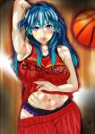  1girl abs alluring arm_behind_head athletic_female ball bare_midriff bare_thighs basketball basketball_uniform big_breasts black_panties blue_eyes breasts byleth_(fire_emblem) byleth_(fire_emblem)_(female) female_abs female_only fire_emblem fire_emblem:_three_houses fit_female gym_uniform igniter14 long_hair looking_at_viewer midriff nintendo panties purple_panties skirt smile teal_hair thighs underwear yuzo-kun 