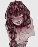 1girl 1other ahegao amagirae bleeding bleeding_eyes blood blood_on_face blood_on_neck bloody_tears blush braid breasts brown_hair canon_design collarbone crazy_smile double_eyebrows eyebrows eyebrows_visible_through_hair eyelashes eyelashes_visible_through_hair female first_porn_of_character gore grabbing grabbing_from_behind grope grope_from_behind guro japanese_clothes kimono kimono_down kimono_removed light_blush mai_shishikusa masa_works_design navel no_areola no_bra non-web_source onibi_series red_eyes sharp_teeth shrunken_pupils simple_background single_braid touching_breast vocaloid white_background zombie