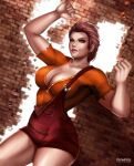  1female alternate_version_available biceps big_breasts breasts brick_wall broken_wall brown_eyes brown_hair cleavage disney flowerxl genderswap genderswap_(mtf) huge_breasts looking_at_viewer low_angle_view muscular_female orange_shirt pale-skinned_female pale_skin pink_lipstick ralph_breaks_the_internet red_pants short_hair slim_waist standing strong_woman suspenders watermark wreck-it_ralph wreck-it_ralph_(character) 