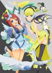 >_< 2girls alternate_costume arched_back arm arms art back bare_legs bent_over big_breasts black_thighhighs blonde blonde_hair blue_dress blue_eyes blue_gloves blush breasts cable choker cleavage closed_eyes detached_sleeves dress elbow_gloves elesa emolga female flying fuuro_(pokemon) gloves gym_leader hair hair_ornament hand_holding happy headphones high_heels highres holding_hands interlocked_fingers kamitsure_(pokemon) large_breasts leaning leaning_forward leg_lift leg_up legs looking_at_viewer magyo multiple_girls neck nintendo open-back_dress open_mouth outstretched_arm outstretched_hand pokemon pokemon_(anime) pokemon_(game) pokemon_black_and_white pokemon_bw red_hair redhead scarf shiny shiny_hair shiny_skin shoes short_hair side_ponytail side_slit skyla smile standing standing_on_one_leg swanna thighhighs two-tone_background yellow_dress yellow_high_heels yuri