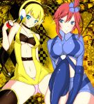 2girls aqua_eyes arm arms art babe bad_id bare_shoulders big_breasts blonde blonde_hair blue_eyes blue_gloves blue_thighhighs blush breasts choker cleavage collarbone creatures_(company) elesa_(pokemon) female fuuro_(pokemon) game_freak gloves gym_leader hair hair_between_eyes hair_ornament halter_top halterneck headphones holding holding_poke_ball huge_breasts humans_of_pokemon kamitsure_(pokemon) legs long_sleeves looking_at_another looking_at_viewer midriff miku-hadu multiple_girls navel nintendo panties pantyshot pink_panties poke_ball pokemon pokemon_(anime) pokemon_(game) pokemon_black_2_&_white_2 pokemon_black_and_white pokemon_bw pokemon_bw2 porkyman purple_eyes red_hair redhead short_hair shy side_ponytail sitting skyla_(pokemon) smile spread_legs strapless thighhighs tubetop underboob underwear vest