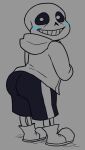  1boy 2020s 2022 2d 2d_(artwork) animated_skeleton anterior_nasal_aperture ass ass_focus blue_blush blush blush_lines bone bottomwear clothed clothing cute digital_media_(artwork) footwear full_body grey_background grin hoodie humanoid keithenel looking_at_viewer looking_back male male_only monochrome monster monster_boy sans sans_(undertale) shorts simple_background skeleton slippers smile solo_male standing teeth topwear undead undertale undertale_(series) video_game_character video_games 