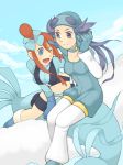  2girls altaria blue_eyes boots cloud flying fuuro_(pokemon) gloves gym_leader helmet long_hair multiple_girls nagi_(pokemon) open_mouth pokemon pokemon_(game) pokemon_bw pokemon_rse purple_eyes purple_hair red_hair sitting sky smile tegaki wink 