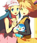  2girls beanie blonde_hair blue_eyes blue_hair crossover green_eyes hat hikari_(pokemon) multiple_girls muse_(rainforest) piplup platinum_berlitz pokemon pokemon_special straw_hat v wink yellow_(pokemon) 