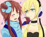 2girls arm arms art babe bare_shoulders blonde blonde_hair blue_eyes blue_gloves blush breasts cable choker cleavage closed_eyes collarbone elesa female fuuro_(pokemon) gloves gym_leader hair hair_between_eyes hair_grab hair_ornament hair_tousle hair_tussle hand_in_hair happy headphones kamitsure_(pokemon) long_hair looking_at_another love michigan multiple_girls musical_note neck nintendo open_mouth pink_background pokemon pokemon_(anime) pokemon_(game) pokemon_black_and_white pokemon_bw red_hair redhead serious shiny shiny_hair shiny_skin short_hair shy side_ponytail skyla smile strapless tubetop vest yuri