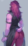 1girl 2020s 2021 2d 2d_(artwork) anthro anthro_only artist_name ass ass_focus back_view big_ass butt clothed clothing deltarune digital_media_(artwork) female female_anthro female_only grey_background jacket long_hair muscular muscular_female pants pink_body pink_skin punk punk_girl purple_hair purple_skin rear_view reptile reptile_girl scalie scalie_female scalie_only simple_background small_tail solid_color_background solo solo_anthro solo_female spiked_bracelet susie_(dark_world_form) susie_(deltarune) suurin_(ksyaro) tail thick_thighs thighs third-party_source twitter undertale_(series) unseen_female_face video_game_character video_games