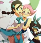 2girls abomasnow bad_id bandaid black_hair blue_eyes blush cameltoe clothes_around_waist gym_leader hair_ornament hairclip hirococo lowres lucario multi-tied_hair multiple_girls pink_eyes pink_hair pokemon pokemon_(game) pokemon_dppt ribbon school_uniform skirt sleeves_rolled_up snover sumomo_(pokemon) suzuna_(pokemon) sweater sweater_around_waist