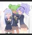  3girls :d bad_id blush breast_press breasts chandelure costume crying dark_skin diploma graduation green_hair homura_subaru hug humanized hydreigon letterboxed multiple_girls one_eye_closed open_mouth original pokemon purple_hair school_uniform smile tears thighhighs tube v wavy_mouth whimsicott wink yellow_eyes 