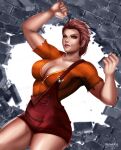 1female alternate_version_available biceps big_breasts breasts brick_wall broken_wall brown_eyes brown_hair cleavage destroying disney flowerxl genderswap genderswap_(mtf) huge_breasts looking_at_viewer low_angle_view muscular_female orange_shirt pale-skinned_female pale_skin pink_lipstick ralph_breaks_the_internet red_pants short_hair slim_waist standing strong_woman suspenders watermark wreck-it_ralph wreck-it_ralph_(character)