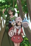 2girls alternate_costume blue_eyes blue_hair braid cheryl dawn forest green_eyes green_hair hair_over_shoulder hat hikari_(pokemon) kosumo_(kosuhoshi) momi_(pokemon) multiple_girls nature nintendo pachirisu pokemon pokemon_(game) pokemon_dppt single_braid winter_clothes