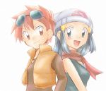 2girls back-to-back beanie blue_eyes blue_hair hair_ornament hairclip hat hikari_(pokemon) jewelry multiple_girls necklace nozomi_(pokemon) orange_eyes orange_hair pokemon red_eyes scarf simple_background smile sunglasses vest white_background