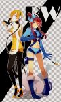 2girls arm arms art babe back bad_id bare_legs blonde blonde_hair blue_boots blue_eyes boots breasts cable checkered checkered_background choker elbow_gloves elesa emolga emonga female fuuro_(pokemon) gloves gym_leader hair hair_ornament hair_over_one_eye headphones high_heels holding holding_poke_ball ioko kamitsure_(pokemon) legs long_hair long_sleeves looking_at_viewer looking_back midriff multiple_girls navel nintendo outstretched_hand pantyhose poke_ball pokemon pokemon_(anime) pokemon_(game) pokemon_black_and_white pokemon_bw red_hair redhead serious shoes short_hair short_shorts shorts side_ponytail sideboob skyla smile standing swanna turtleneck yellow_high_heels