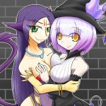  2girls animal_ears anthrofied arm_grab bare_shoulders big_breasts breast_grab breast_press breasts cat_ears cat_tail chandelure cleavage detached_sleeves dress gijinka grabbing green_eyes hat humanized jewelry large_breasts lepardas long_hair moemon multiple_girls necklace pink_hair pokemon pokemon_(game) pokemon_black_and_white pokemon_bw purple_hair shandera shanderaa short_hair smile smirk symmetrical_docking tail yellow_eyes yuri 