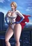  1girl big_breasts blonde_hair blue_eyes blue_gloves blue_sky breasts city city_background cleavage day daytime dc_comics female_only flowerxl hands_on_hip kara_zor-l karen_starr looking_at_viewer pale-skinned_female pale_skin power_girl red_cape short_hair smile solo_female solo_focus standing superman_(series) thick_thighs url watermark white_leotard 