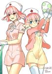  2girls audino blonde_hair blue_eyes blush chansey egg gijinka gloves hat holding humanized jacket moemon multicolored_hair multiple_girls nurse nurse_cap open_mouth pink_hair pokemon pokemon_(game) pokemon_black_and_white pokemon_bw red_eyes short_hair smile tabunne thighhighs twintails uniform 