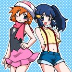 2_girls 2girls arm arm_behind_back armpits arms art babe bare_legs beanie blue_background blue_eyes blue_hair blush clenched_hand cosplay costume_switch dawn denim denim_shorts female friends gym_leader hair_between_eyes hair_ornament hand_on_hip happy hat hikari_(pokemon) hikari_(pokemon)_(cosplay) kasumi_(pokemon) kasumi_(pokemon)_(cosplay) legs long_hair looking_at_viewer midriff misty multiple_girls nanjo_akimasa nanjou_akimasa navel nintendo one_eye_closed open_mouth orange_hair pokemon pokemon_(anime) pokemon_(game) pokemon_dppt pokemon_rgby polka_dot polka_dot_background scarf shirt short_hair short_shorts shorts side_ponytail skirt sleeveless sleeveless_shirt smile standing suspenders wink