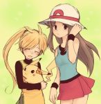 2girls bare_shoulders blonde_hair blue_(pokemon) blue_eyes blush brown_hair chuchu_(pokemon) closed_eyes flower hair hair_flower hair_ornament hand_on_hat hand_on_headwear happy hat headgear holding long_hair lowres multiple_girls no_hat no_headwear open_mouth payot pikachu pokemon pokemon_special ponytail porkpie_hat sidelocks skirt sleeveless smile turtleneck wristband yellow_(pokemon)