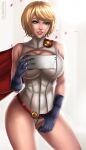  1female 1girl adult alternate_version_available aqua_eyes artist_logo big_breasts blonde_hair breasts brown_lipstick cape cellphone cleavage dc_comics female_only flowerxl front_view hand_on_thigh human kara_zor-l karen_starr leotard pale-skinned_female power_girl red_cape short_hair slim_waist smile smiley_face standing superheroine superman_(series) thick_thighs thighs url watermark white_background white_leotard 