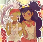  2girls bad_id bandage bandages big_hair bow bracelet choker crossover dark_skin el_shaddai hand_holding holding_hands iris_(pokemon) jewelry long_hair mihazi multiple_girls nanna_(el_shaddai) necklace pink_eyes pokemon pokemon_(game) pokemon_black_and_white pokemon_bw ponytail purple_eyes purple_hair silver_hair turban twintails two_side_up 