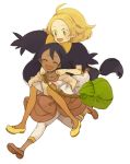  2girls bad_id bag bel_(pokemon) bell_(pokemon) big_hair black_hair blonde_hair blush carrying closed_eyes dark_skin green_eyes gym_leader hair hair_ornament hair_ribbon happy iris_(pokemon) jumping long_hair multiple_girls open_mouth pantyhose pokemon pokemon_(game) pokemon_black_and_white pokemon_bw ponytail purple_hair ribbon short_hair smile sweatdrop twintails two_side_up very_long_hair yan_(artist) 