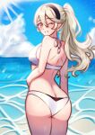  1girl :d alluring alternate_costume alternate_hairstyle arms_at_sides ass ass_focus bikini black_hairband blonde_hair blue_sky butt_crack caustics cloud corrin_(fire_emblem) corrin_(fire_emblem)_(female) cowboy_shot fire_emblem fire_emblem_fates from_behind grin hair_between_eyes hairband hand_on_own_stomach high_res horizon legs_together looking_at_viewer median_furrow nintendo ocean one_eye_closed open_mouth ponytail red_eyes rotomdocs sidelocks signature sky smile swimsuit teeth thighs water white_bikini 