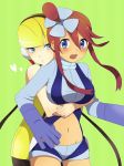 2girls aqua_eyes arm arms art bad_id bare_legs bare_shoulders belly blonde blonde_hair blue_eyes blue_gloves blush breasts cable dark_skin elesa female from_behind fuuro_(pokemon) gloves green_background gym_leader hair hair_between_eyes hair_ornament headphones heart highres hug hug_from_behind hugging interracial kamitsure_(pokemon) legs looking_at_another love midriff multiple_girls navel nintendo open_mouth pantyhose pokemon pokemon_(anime) pokemon_(game) pokemon_black_and_white pokemon_bw red_hair redhead short_hair short_shorts shorts shy side_ponytail skyla striped striped_background surprised yuri yuu_(lyric)