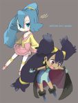 2girls big_hair black_hair blue_eyes blue_hair cape chibi choker cosplay costume_switch dark_skin earrings gloves grey_background gym_leader hair_ornament ibuki_(pokemon) ibuki_(pokemon)_(cosplay) iris_(pokemon) iris_(pokemon)_(cosplay) jewelry long_hair multiple_girls open_mouth pokemon pokemon_(game) pokemon_black_and_white pokemon_bw pokemon_heartgold_and_soulsilver pokemon_hgss ponytail purple_eyes purple_hair simple_background two_side_up ueshita very_long_hair