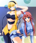  2_girls 2girls aqua_eyes arm_support arm_up armpits arms bare_legs bare_shoulders bent_over big_breasts blonde_hair blue_eyes blue_gloves blush breasts choker cleavage coat creatures_(company) elbow_gloves elesa_(pokemon) fuuro_(pokemon) game_freak guatemala gym_leader hair_ornament hand_on_chest hand_on_hip hand_on_own_chest headphones high_res highres humans_of_pokemon kamitsure_(pokemon) long_hair looking_at_viewer midriff multiple_girls navel nintendo open_mouth pokemon pokemon_(anime) pokemon_(game) pokemon_black_2_&amp;_white_2 pokemon_black_and_white pokemon_bw pokemon_bw2 purple_eyes red_hair short_hair short_shorts side_ponytail skyla_(pokemon) smile strapless tubetop underboob wink 