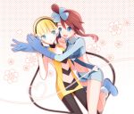  2_girls 2girls arm bare_legs black_legwear blonde blonde_hair blue_eyes blue_gloves blush boots breasts choker elbow_gloves elesa eye_contact female fuuro_(pokemon) gloves gym_leader hands_together happy headphones heart hug hugging kamitsure_(pokemon) large_breasts leg_lift leg_up legband legs looking_at_another love matsurika midriff multiple_girls navel nintendo open_mouth pantyhose pokemon pokemon_(game) pokemon_black_and_white pokemon_bw red_hair redhead short_hair shy side_ponytail skyla smile yuri 