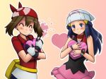 2girls ^_^ arm arms art bag bandana bandanna beanie blue_eyes blue_hair blush bracelet brown_hair camisole closed_eyes cute dawn dress female friends gloves hair hair_between_eyes hair_ornament haruka_(pokemon) hat headgear heart hearts hikari_(pokemon) holding jewelry long_hair looking_at_another love may multiple_girls neck nintendo pokemon pokemon_(anime) pokemon_(game) pokemon_dppt pokemon_rse poketch red_scarf scarf shirt short_hair skirt smile tsumitani_daisuke v-neck valentine watch wristwatch yuri