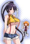 2girls alluring belly blush breasts chibi cosplay costume_switch dengeki!_pikachu denim denim_shorts dress gym_leader hair halftone halftone_background kasumi_(pokemon) kasumi_(pokemon)_(cosplay) large_breasts long_hair midriff misty_(pokemon)_(cosplay) multiple_girls natsume_(pokemon) natsume_(pokemon)_(cosplay) navel nintendo orange_hair partially_translated pokemon pokemon_(anime) pokemon_(game) pokemon_rgby ponytail purple_hair red_eyes sabrina sabrina_(pokemon) satsuki_imonet shoes short_hair shorts suspenders text thighhighs translation_request underboob very_long_hair worried zettai_ryouiki