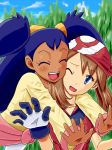  2_girls arm arms arms_around_neck art bandana bandanna blue_eyes blue_hair blush brown_hair cheek-to-cheek closed_eyes dark_skin female female_only fireo from_behind game_freak gloves grass gym_leader hair happy haruka_(pokemon) highres hug humans_of_pokemon iris_(pokemon) long_hair long_sleeves may_(pokemon) multiple_girls neck nintendo open_mouth outstretched_arm outstretched_arms pokemon pokemon_(anime) pokemon_(game) pokemon_black_and_white pokemon_bw pokemon_diamond_pearl_&amp;_platinum pokemon_dppt pokemon_rse purple_hair short_hair sky smile twin_tails v-neck wince wink yuri 