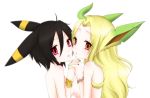 2_girls 2girls ahoge animal_ears anthro anthrofied arm arms art back bare_back bare_shoulders big_breasts black_fur black_hair blacky_(pokemon) blonde blonde_hair blush bracelet breast_press breasts brown_eyes brown_fur cheek-to-cheek creatures_(company) dark_type_pokemon eeveelution female flat_chested flora_fauna furry game_freak gen_2_pokemon gen_4_pokemon gijinka grass_type_pokemon green_fur hair hair_between_eyes hand_holding hands_clasped holding_hands incipient_kiss interlocked_fingers jewelry kurosama leaf_tail leafeon leafia_(pokemon) long_hair looking_at_viewer love moemon multiple_girls nail_polish neck nintendo nipples nude open_mouth pink_eyes pixiv_thumbnail pokemon pokemon_(anime) pokemon_(creature) pokemon_(game) pokemon_(species) pokemon_diamond_pearl_&_platinum pokemon_dppt pokemon_heartgold_and_soulsilver pokemon_hgss porkyman red_eyes resized short_hair sideboob simple_background small_breasts symmetrical_docking tail tongue umbreon white_background yuri