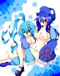 2girls artist_request belly blue_hair breasts hair humanized kyogre manaphy midriff multiple_girls navel pokemon red_hair smile wink yellow_eyes