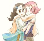 2_girls bandage bandages bandaid black_hair blush brown_eyes clothes_around_waist fingerless_gloves flat_chested gloves gym_leader impossibility long_hair lowres multiple_girls nintendo one_eye_closed pink_eyes pink_hair pokemon pokemon_(game) pokemon_dppt scarf shared_scarf short_hair small_breasts sumomo_(pokemon) suzuna_(pokemon) sweater sweater_around_waist wink