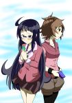 2girls ahoge black_(pokemon) black_hair blue_eyes blush brown_eyes brown_hair cheren_(pokemon) frown genderswap glasses long_hair multiple_girls pokemon pokemon_(game) pokemon_black_and_white pokemon_bw short_hair shorts skirt touya_(pokemon) valentine