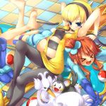 >_< 2girls arm_support armpits barefoot blonde_hair blue_eyes checkered checkered_floor choker closed_eyes emolga emonga feet floor fuuro_(pokemon) gloves gym_leader hair hair_ornament headphones kamitsure_(pokemon) lying midriff multiple_girls navel on_stomach pantyhose pokemon pokemon_(game) pokemon_black_and_white pokemon_bw red_hair redhead short_hair sitting soles swanna tilm tirumu toes