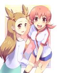 2girls :d akane_(pokemon) arm arms babe bare_legs blush brown_eyes brown_hair female footwear gym_leader hair hair_ornament hand_holding happy holding_hands jasmine_(pokemon) kneehighs legs light_brown_hair long_hair long_sleeves looking_at_viewer looking_back low_twintails mikan_(pokemon) morphine2 morphine_(sugar) multiple_girls nintendo open_mouth pink_eyes pink_hair pokemon pokemon_(anime) pokemon_(game) pokemon_gsc pokemon_heartgold_and_soulsilver pokemon_hgss shirt short_hair short_shorts shorts skirt smile socks standing sweater twintails whitney