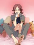  barefoot bidoof censored cum feet footjob glasses gloves gym_leader hyouta_(pokemon) penis pokemon pokemon_(game) pokemon_dppt purple_hair shirt_pull yaoi 