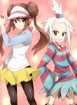 2girls bad_id black_legwear blush boots brown_hair double_bun dress female_protagonist_(pokemon_bw2) green_eyes grin gym_leader hair_bobbles hair_ornament homika_(pokemon) long_hair maruki_(punchiki) mei_(pokemon) multiple_girls pantyhose pink_background poke_ball pokemon pokemon_(game) pokemon_bw2 punchiki raglan_sleeves short_hair shorts skirt smile solo striped striped_dress topknot twintails visor_cap white_hair