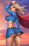 1girl ass big_ass big_breasts blonde_hair blue_eyes blue_skirt cape dc_comics female_only flowerxl hand_on_head hand_on_thigh kara_danvers kara_zor-el light-skinned_female long_hair looking_at_viewer microskirt no_panties rear_view red_cape skirt sunset supergirl supergirl_(series) superheroine superman_(series) upskirt