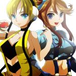 2girls aqua_eyes arm arms art bare_shoulders big_breasts blonde blonde_hair blue_eyes bob_cut breasts brown_hair cable choker cleavage elesa female fuuro_(pokemon) gloves glow gym_leader hair hair_ornament halterneck hcsb headphones holding holding_poke_ball kamitsure_(pokemon) large_breasts long_hair looking_at_viewer midriff multiple_girls navel nintendo open_mouth poke_ball pokemon pokemon_(anime) pokemon_(game) pokemon_black_and_white pokemon_bw short_hair simple_background skyla smile suspenders vest white_background