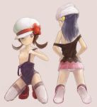  2girls dawn face flat_chest hat hat_ribbon hikari_(pokemon) igau kotone_(pokemon) looking_down lyra multiple_girls nintendo panties pokemon pokemon_(game) pokemon_dppt pokemon_hgss red_ribbon ribbon strap_slip thighhighs topless underwear upskirt 