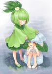  2_girls cloak closed_eyes cottonee curly_hair flower green_hair hair hair_flower hair_ornament multiple_girls petilil pokemon pokemon_(game) pokemon_black_and_white pokemon_bw rain sanmi_tenten sitting slippers tears yellow_eyes 